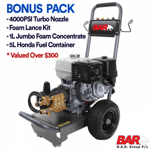 BAR 120 BAR4013C-H 4000psi 13.0HP Honda GX390 Petrol Cold Water High Pressure Washer Cleaner BUNDLE